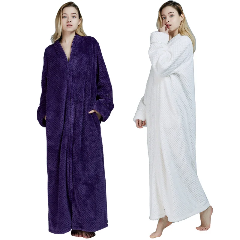 Autumn Winter Zipper Shellfish Velvet Bathrobe Plus Size Nightgown Men Women Thick Sleepwear Warm Flannel Extra Long Bath Robe