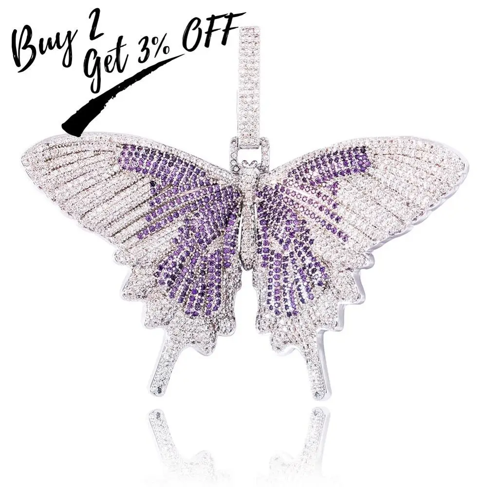 New Full Iced Out Butterfly Wings Pendant Necklace With 12mm Cuban Chain Gold Silver Color Hip Hop Charm Chain Jewelry