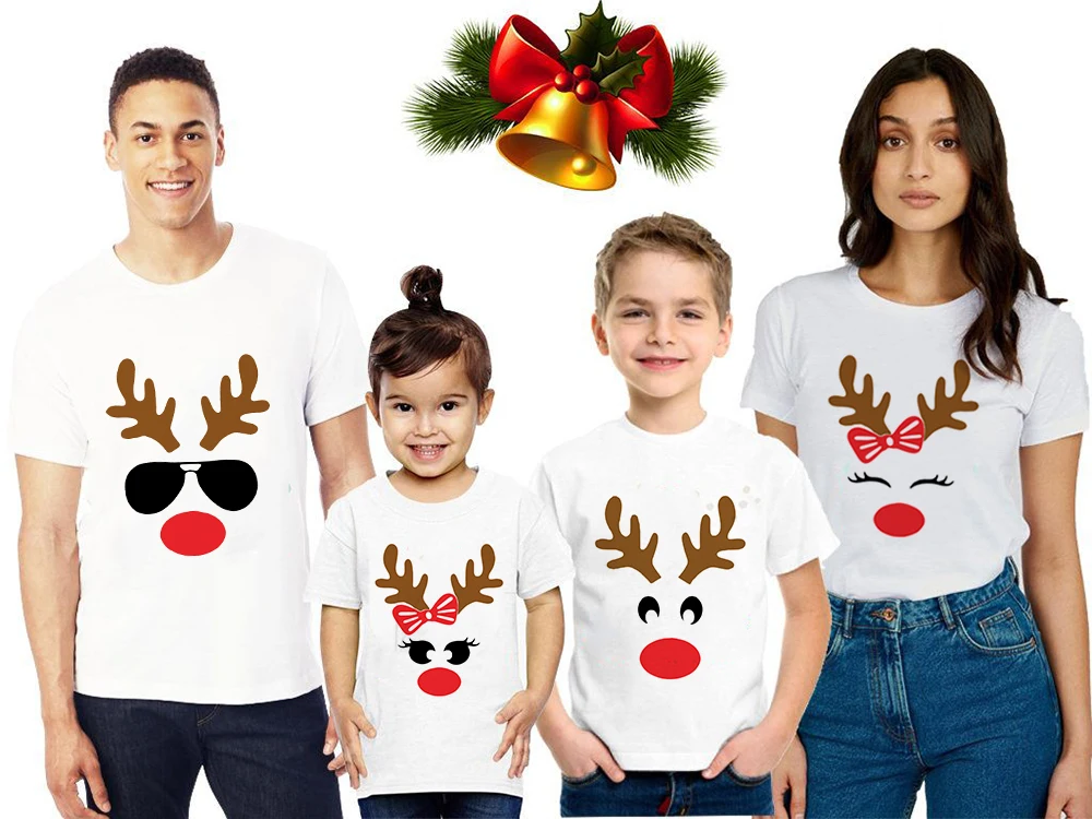 1pc Deer Face Print Christmas Family Matching White T Shirt Mother Daughter Father Son Clothes Aesthetic Camisetas Harajuku Tees