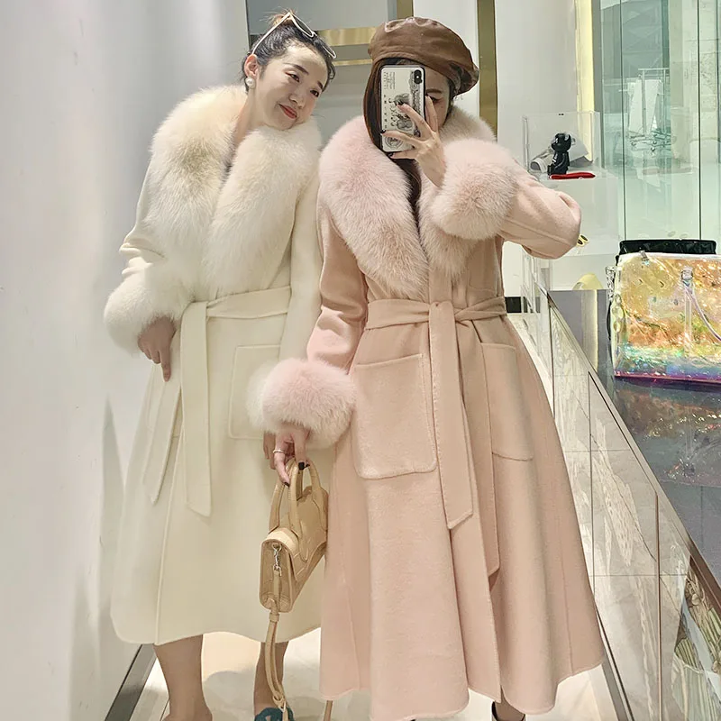 

Brand 2023 women Long natural fox fur collar woolen trench coats Plush X-long maxi fashion cashmere Overcoat