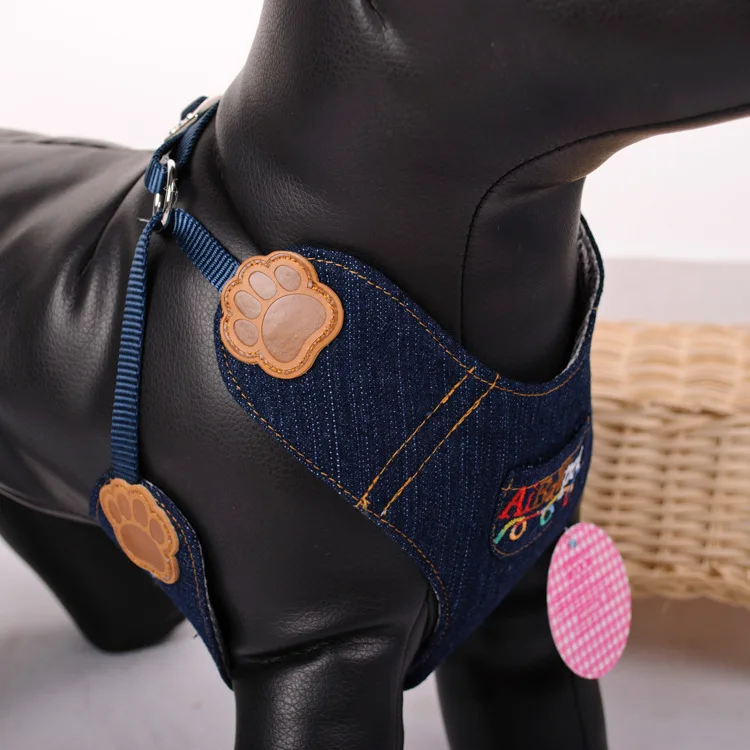 Denim Blue Paw Pet Harness Vest With Leash Set Stock On Sale Dog Cat Medium Animal Autumn Winter Outdoor Walking Animal Products