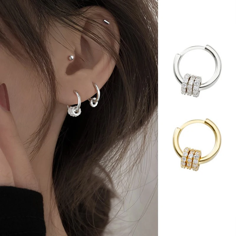 Tiny Trendy Silver Color Three Circle Zricon Stainless Steel Hoop Earrings Korea Style Simple Earrings For Women Luxury Jewelry