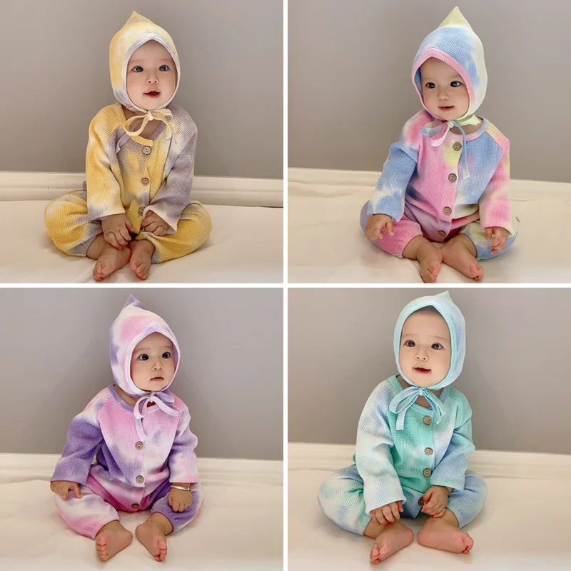 

Newborn Baby Boy Girl Colorful Tie Dye Long Sleeve Romper Jumpsuit Hat Sleepwear Infant Climb Dressing Suit Baby Clothes Autumn