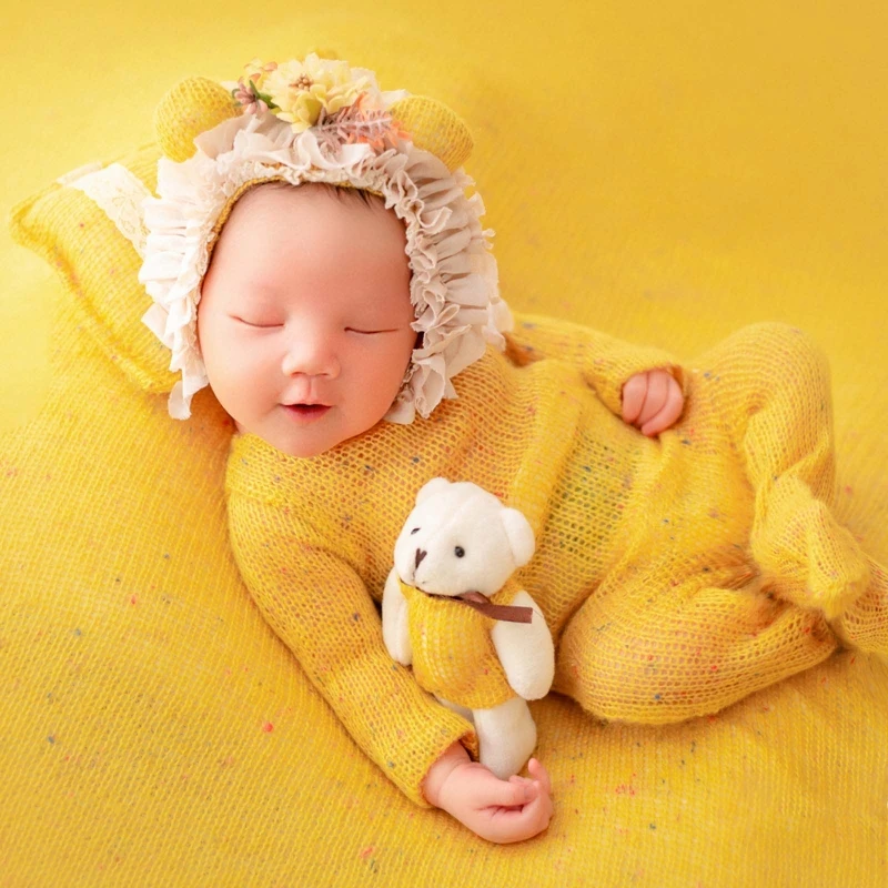 Vêtements pour bébés, accessoires de photographie pour nouveau-nés, combinaison bébé, chapeau, oreiller avec poupée ours mignon, tenues de prise de vue, 4 pièces/ensemble