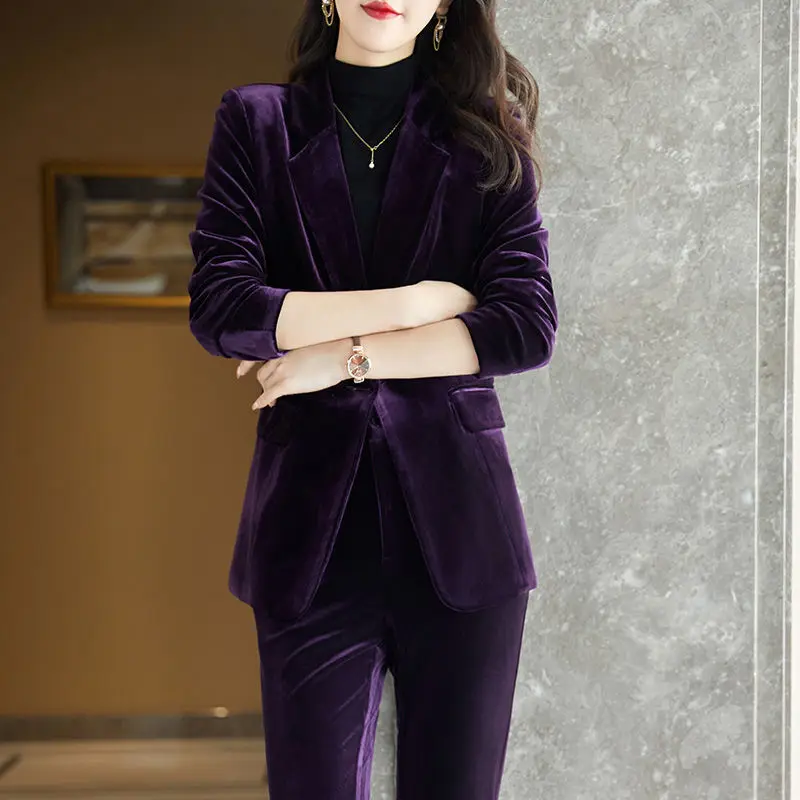 Giacca e pantaloni da donna High Sense of Purple Suit due pezzi primavera e autunno New Gold Velvet Office Professional Suit Km1253