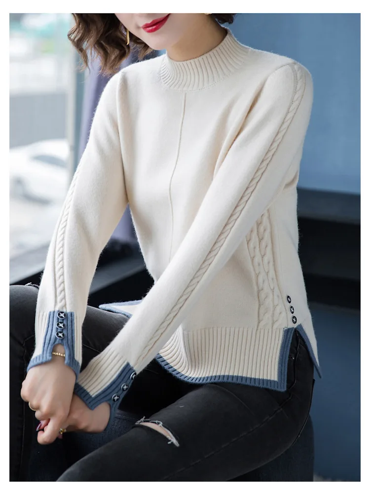 Fdfklak New Korean Women Base Sweater Loose Contrast Color Ladies Half High Neck Split Winter Pullover Sweaters Pull Tops Femme