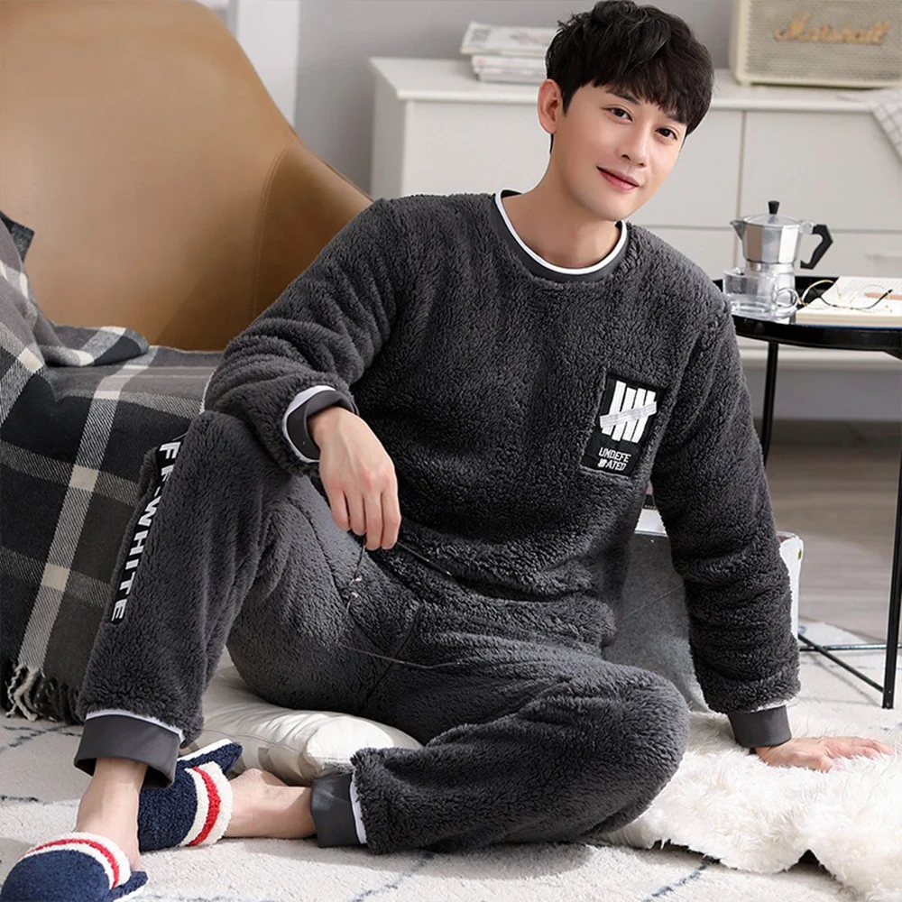 Pajama Man Winter Flannel Sleepwear Suit Thick Warm Coral Fleece Pajamas Sets for Men Casual Patchwork Cartoon Pijama Home Wear