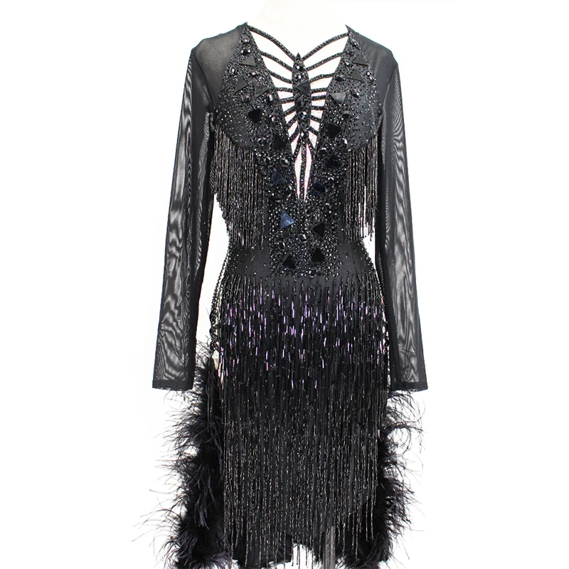 Black Feather Latin Dance Dress Competition Dance Clothes Women Rhinestone Fringe Backless Sexy Prom Costume Girls Dress BL5398