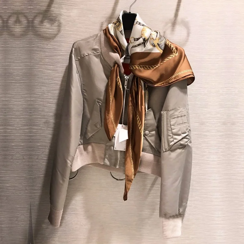 Bomber Women Jacket Autumn Casual Zipper Short Cost Fashion Pocket Scarves Stand Collar Jackets Female Vintage Tops Outerwear