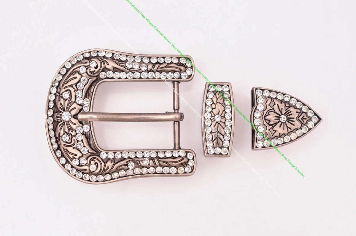 Bling Retro Silver Western Cowboy Rodeo 3PCS Set Floral Carved Replacement Silver Rhinestone Crystal Belt Buckle Fit 30mm Strap