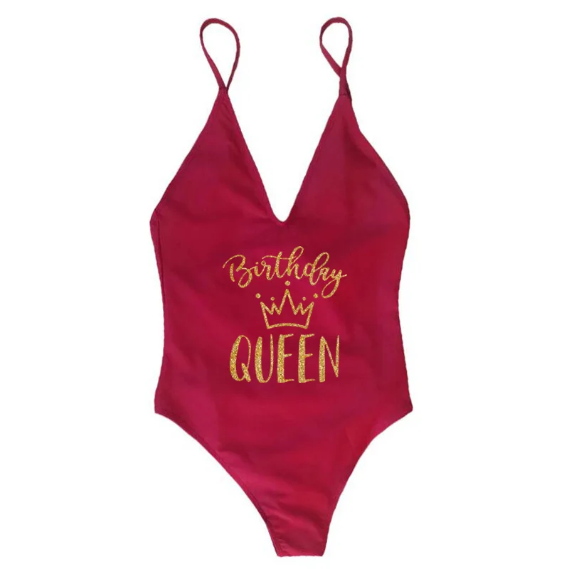 BIRTHDAY QUEEN &SQUAD  Glitter Gold Letter Print Sexy One Piece Swimsuit Swimwear Women Cross Bandages Beachwear image 4