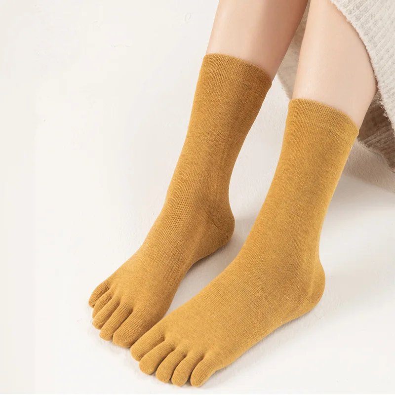 5 Pairs Long Woman Solid Socks with Toes Spring Autumn Anti Friction Shaping Mid-Calf 5 Finger Harajuku Sock Cotton High Quality