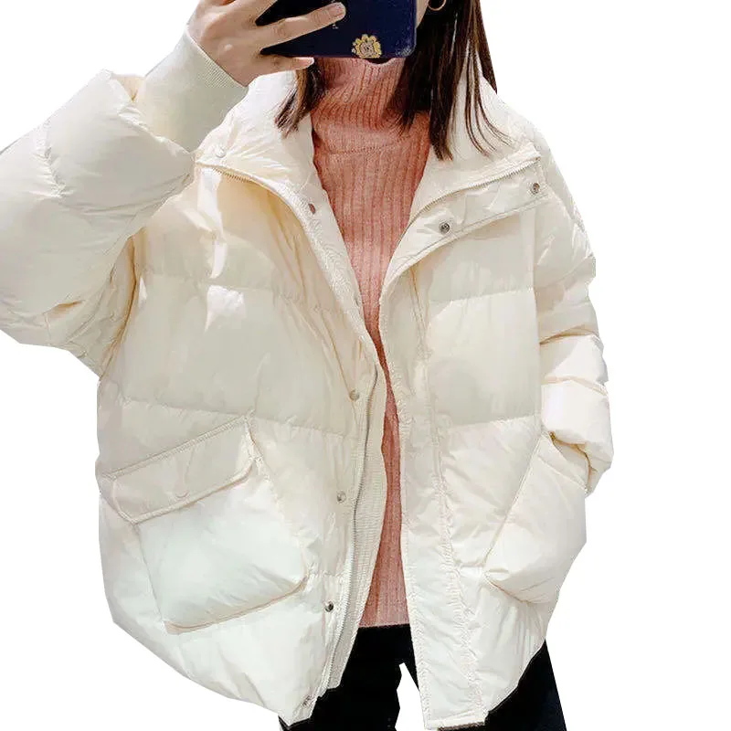 

90% white duck down jacket Women Korean Version Loose Ins Solid Color Stand Collar Outwear Winter Warm Short Bread Jacket Trend