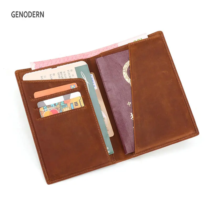 GENODERN Men Cow Leather Passport Cover Vintage Men Wallet with Passport Holder Document Case