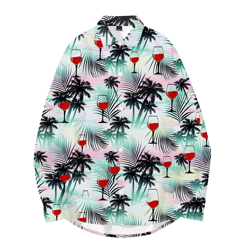 

Casual Leisure Red Wine Coconut Tree Shirts Mens Chemise Homme Men's Shirt 2021 Long Sleeve Casual Slim Fit Shirts Shirts 6XL