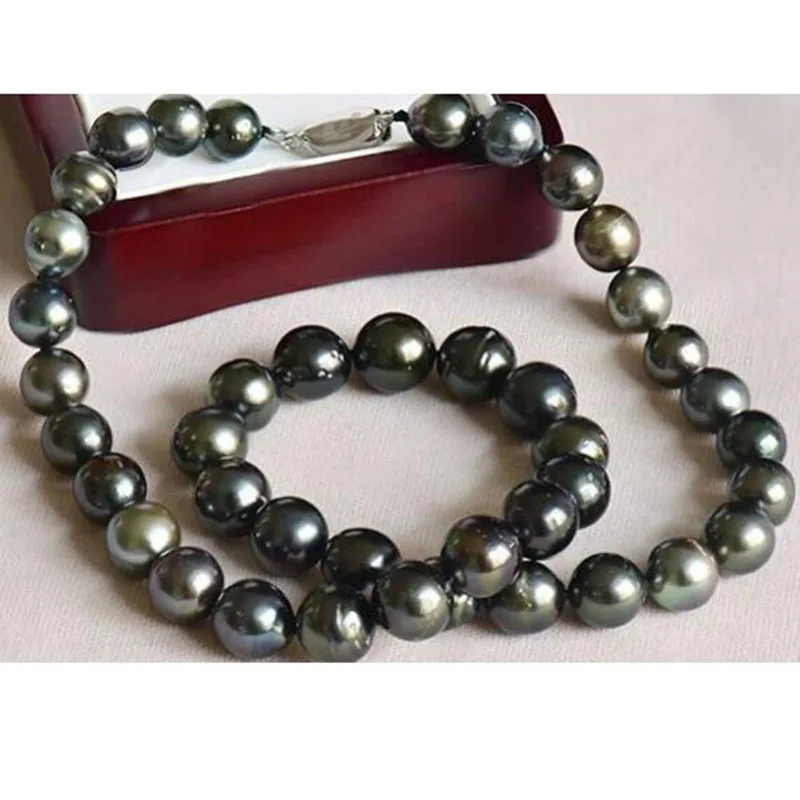 stunning 11-12mm Tahitian round black multicolorpearl necklace 18inch 14k