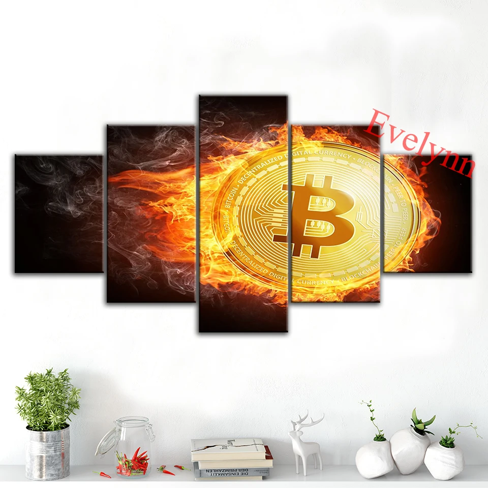 

5 Pieces Abstract Flame Bitcoin Posters And Prints Cryptocurrency Modern Canvas Hd Wall Art Modular Pictures Home Decor Painting