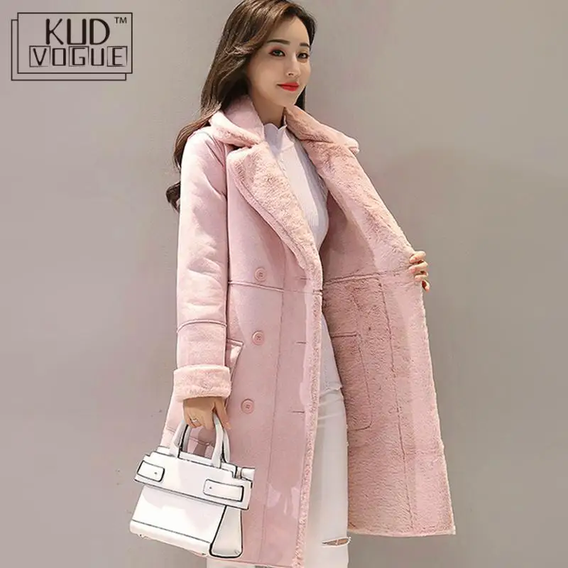 Women Suede Fur Winter Coat 2021 Fashion Thick Faux Sheepskin Long Jacket Overcoat Female Solid Warm Trench Coats Spring Autumn