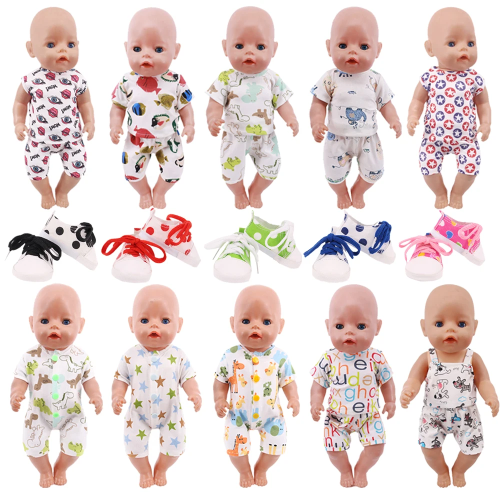 Doll Pajama T-Shirt Shorts Cute Animals Print Canvas Shoes Bodysuit For 18 Inch American& 43Cm Born Baby Doll Clothes Girl Gifts