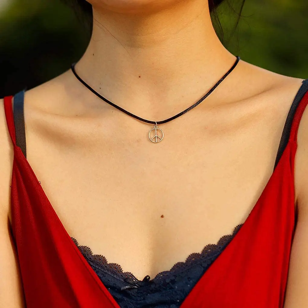 Peace Sign Leather Stainless Steel Choker Necklace for Women and Teen Girls Boho Jewelry Necklace