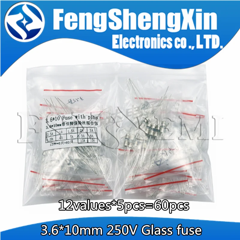 

12values*5pcs=60pcs 3.6*10mm Glass fuse Slow blow 3.6*10 250V 3.6x10 T0.1A-15A