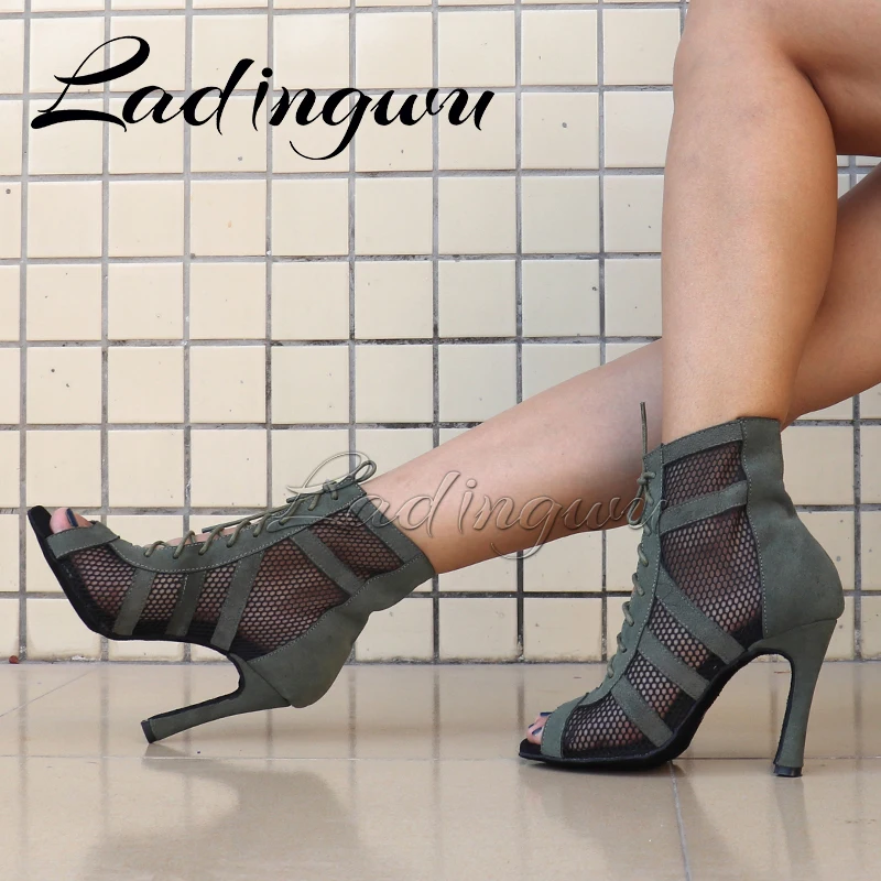 Ladingwu New Army Green Suede Latin Dance Boots Ladies Salsa Tango Dance Shoes Indoor Sports Dance Shoes Ballroom Dance Shoes