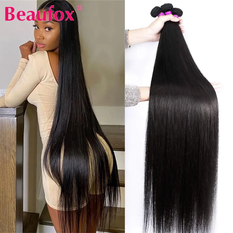 Beaufox Straight Human Hair Bundles Brazilian Hair Weave Bundles 100% Human Hair Bundles Remy Hair Extensions Long Hair 32 Inch