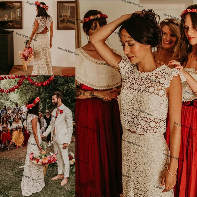Vestido novia encaje algodón ganchillo vintage dos piezas