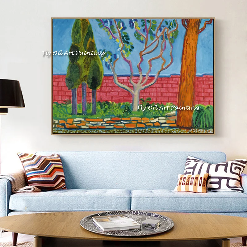 Abstract New Representation Handmade David Hockney on Canvas Oil Painting Mural Arts Picture Living Room Decor Red Wall Tree