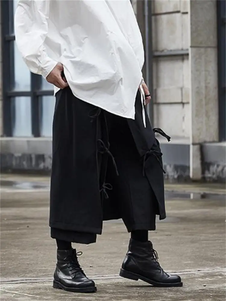 Men's Trouser Skirt Spring And Autumn New Classic Dark Personality Irregular Lacing Design Loose Large Size Wide Leg Pants