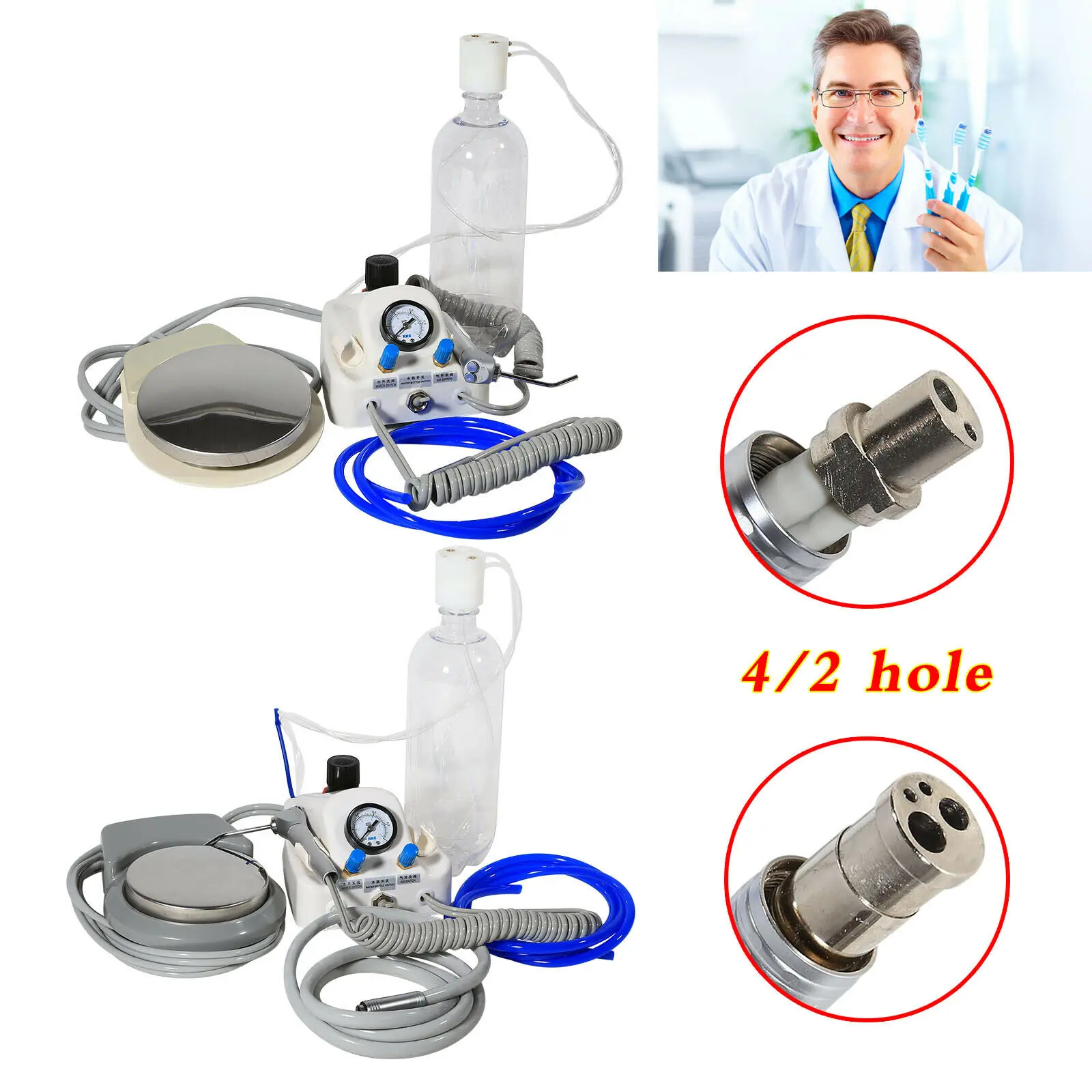 Dental Portable Air Turbine Unit 2/4 Holes Air Compressor Syringe + LED Fiber Optic Handpiece 2/4 hole Dental Lab Tools