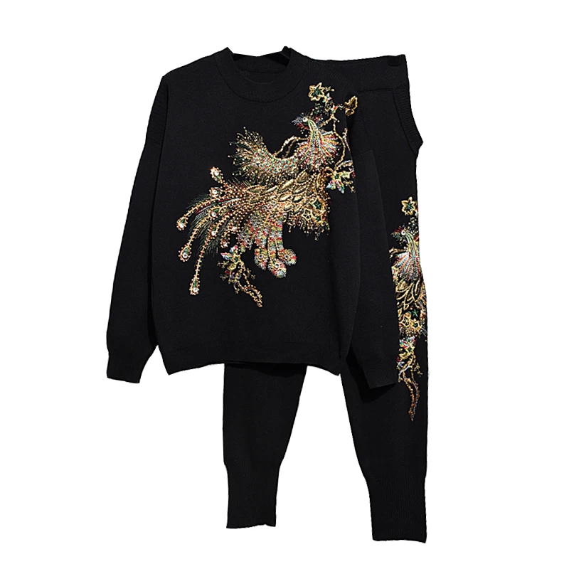 

20234 Winter Fashion Knitted Set Women Beading Phoenix Long Sleeve Knit Sweater + Harlan Pants 2 Piece Set Women