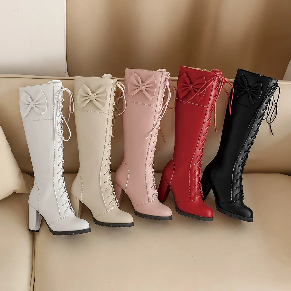 Winter Sweet Women Knee High Boots PU Leather Round Toe 7cm High Block Heels Bowtie Lace-up Lolita Lady Zipper Long Riding Boots