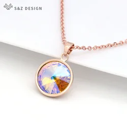 S&Z DESIGN New Fashion Round Crystal Pendant Necklace For Women Wedding Jewelry Lover Gift 585 Rose Gold Color