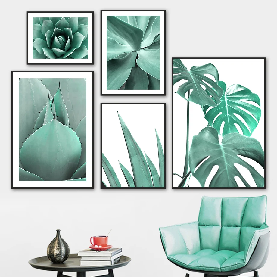 Mint Green Monstera Succulents Quote Wall Art Canvas Painting Nordic Posters And Prints Wall Pictures For Living Bedroom Decor