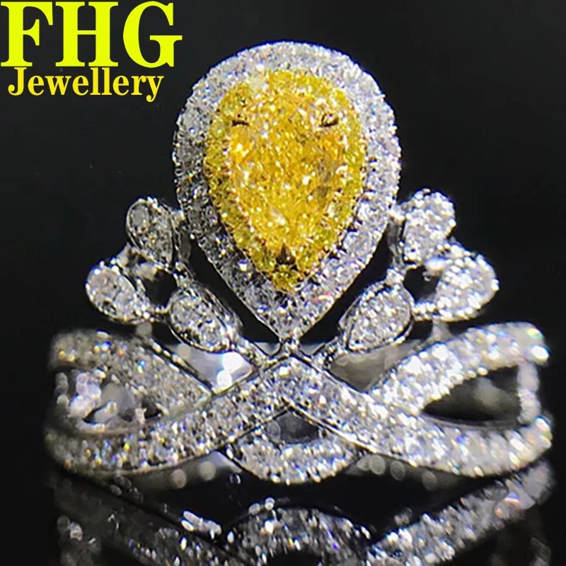 18K Au750 White Gold Ring 0.75Carat Nature Diamond Yellow diamond  imperial crown Ring Wedding Party Engagement Anniversary Ring