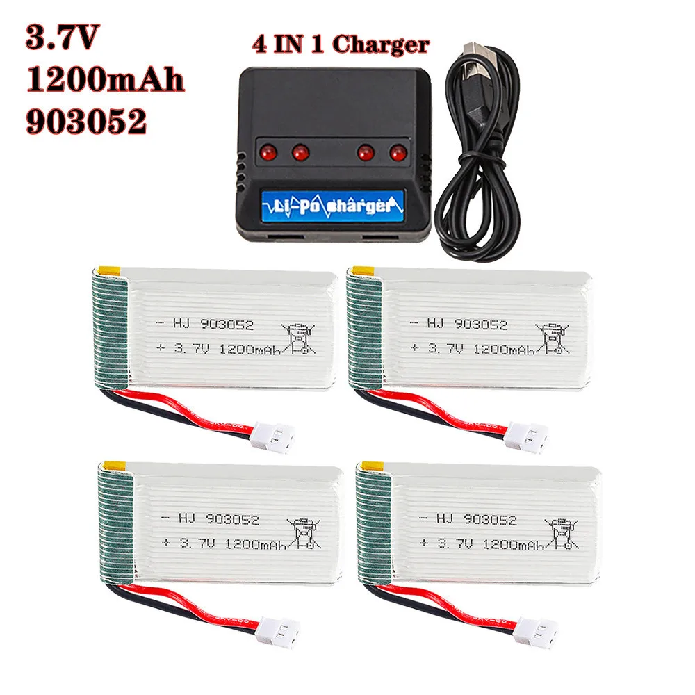 4pcs/lot 3.7V 1200mAh 903052 Lipo Battery XH2.54 Plug and Lipo Charger For Syma X5SW X5SC X5C JJRC H5P RC Drone Quadcopter Parts