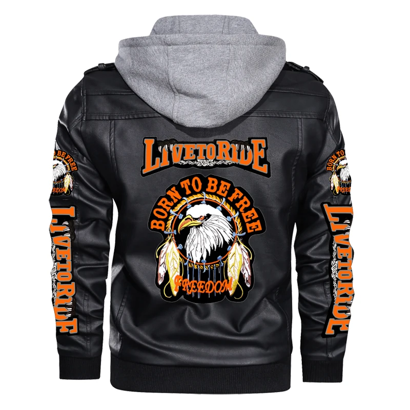 LIVE TO RIDE Eagle Print Motorcycle Biker Leather Jackets Men's Hooded Jackets Punk Rock PU Leather Coat Outwear Black Brown