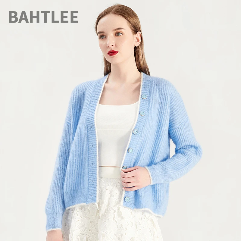 BAHTLEE-Women's Mohair Knitting Cardigan, Wool Sweater, Long Sleeves, Button Design, V-Neck, Color Stitching, Autumn, Winter