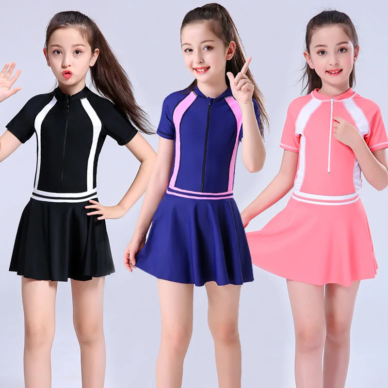 2020 Child Swimwear Girls Swimwear Boxers One Piece Swimming Suit Skirt Diving Suit Children Bathing Suit Zipper Tight Swimsuit