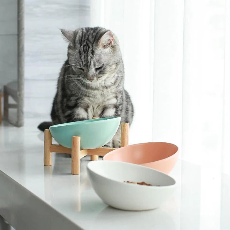 TECHOME Newest Design Pet Food Bowl Ceramic Cat Bowl With Wood Frame Bowl With Cross Frame Bevel Cat Bowl Pet Ceramic Bowl