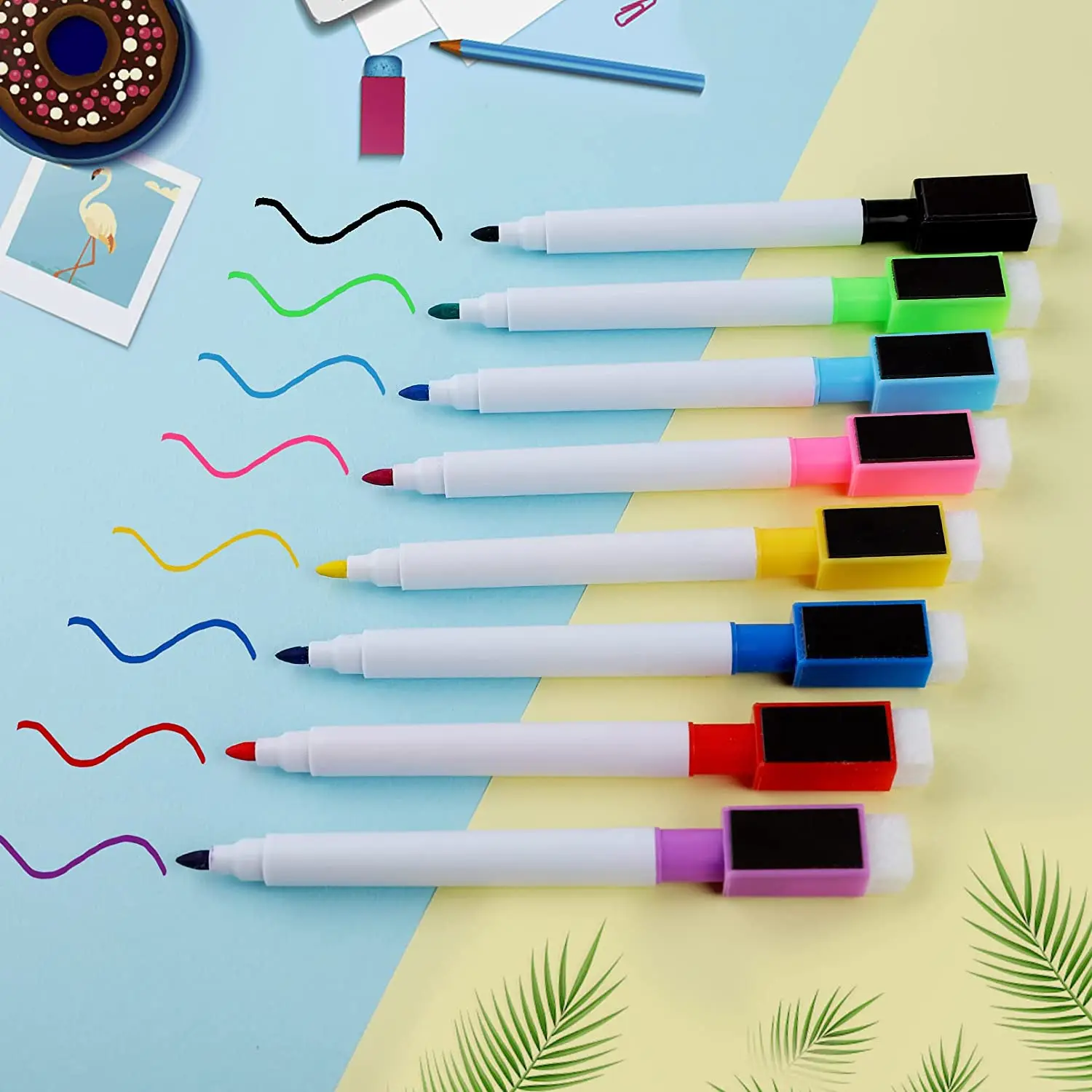 6Pcs ไวท์บอร์ด Marker กับยางลบหมวกสีสัน Fine Tip Magnetic Dry Erase Pen สำหรับโรงเรียน Office Home