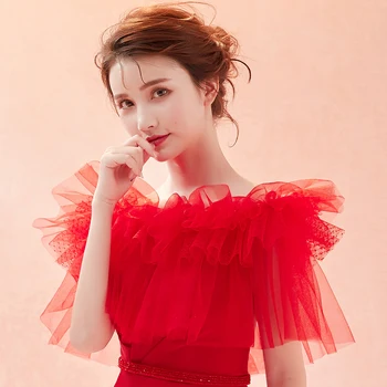 여름 원숄더 레드 랩 러플, 멋진 여성 얇은 명주 그물 숄, 레이디 파티 무도회 액세서리, 쿨 스페셜 웨딩 신부 랩
