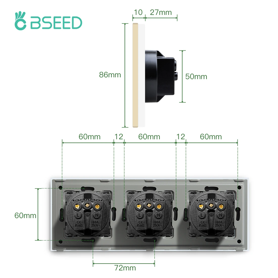 BSEED EU gniazda ścienne pojedyncza listwa sieciowa podwójne szkło rama rodzaj USB-C porty ładowania potrójne wtyczki ochrona dzieci 16A