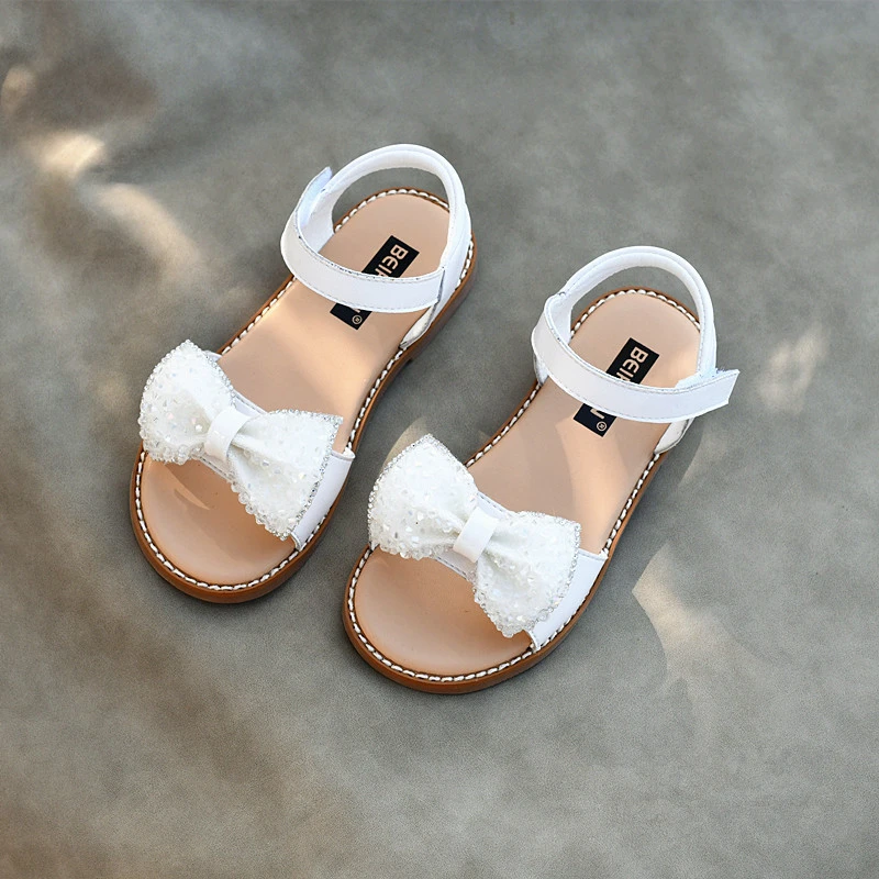 Summer Genuine Leather Girls Sandals Fashion Crystal Rhinestone Bow Baby Garden Shoes Kids Children Casual Sandals 3T 7T