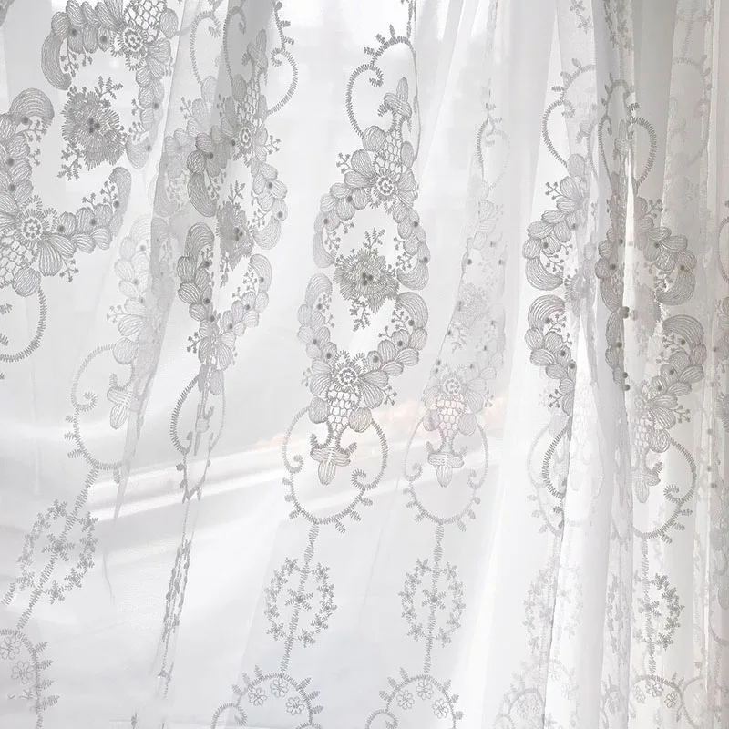 

European uxury Pearl Embossed Embroidered Tulle Curtains French Romantic White Transparent Tulle Curtains For Living Room Bedroo