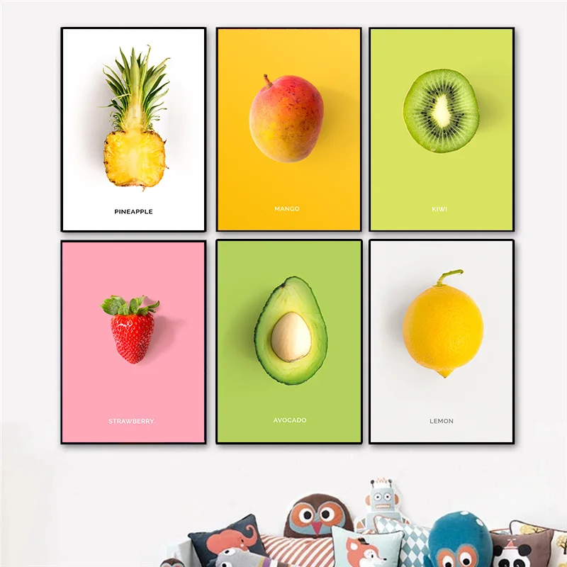 

Colorful Fruits Canvas Painting Yellow Peach Strawberry Avocado Pineapple Posters Minimalism Wall Art Picture Home Wall Decor