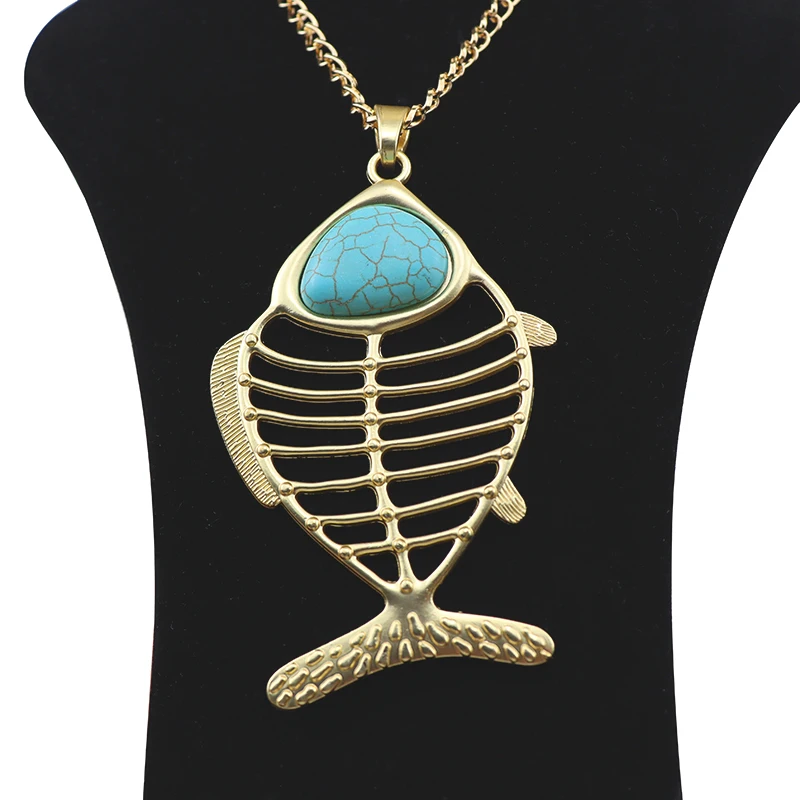 1 x Antique Gold Color Fashion Large Abstract Fish Bone Skeleton Jewelry Pendant Necklaces on Long Link Chain Lagenlook 34