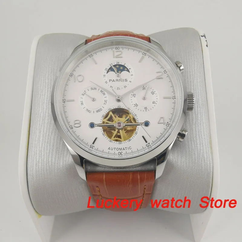 Parnis 43mm Automatic mechanical watches white dial moon week date 24 hours Automatic mens watches PA127