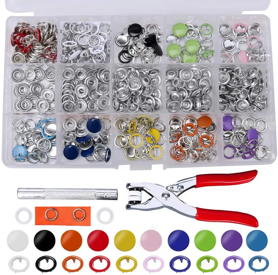 1pc Plier Tool + 100 Set 10 Color Metal Sewing Buttons Hollow/Solid Prong Press Studs Snap Fasteners for Installing Clothes Bags